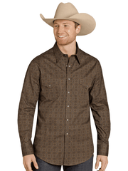 Rock & Roll Denim BMN2S07637 Mens Medallion Print Long Sleeve Snap Shirt Dark Brown front view. If you need any assistance with this item or the purchase of this item please call us at five six one seven four eight eight eight zero one Monday through Saturday 10:00a.m EST to 8:00 p.m EST