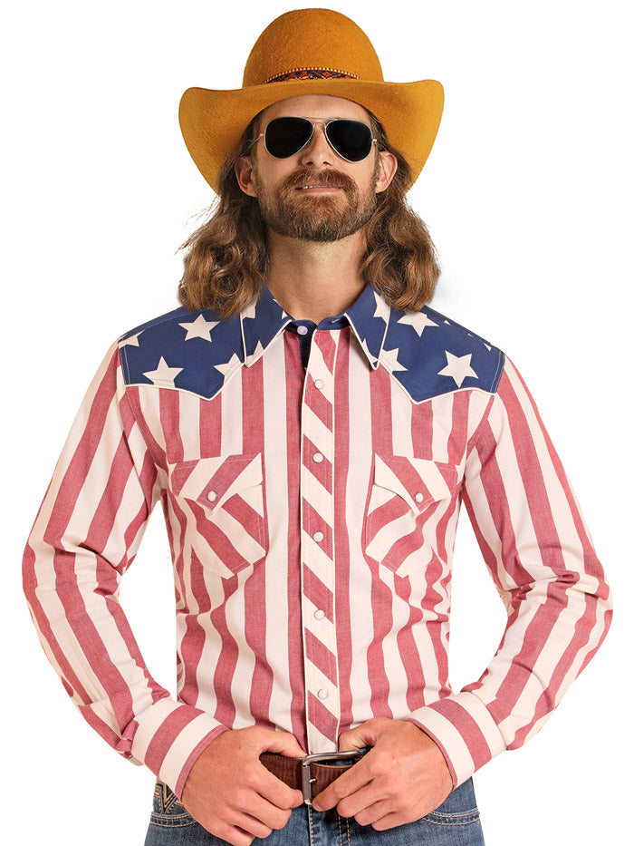 Rock & Roll Denim BMN2S08656 Mens Americano Brushed Popper Shirt Red White And Blue front view. If you need any assistance with this item or the purchase of this item please call us at five six one seven four eight eight eight zero one Monday through Saturday 10:00a.m EST to 8:00 p.m EST
