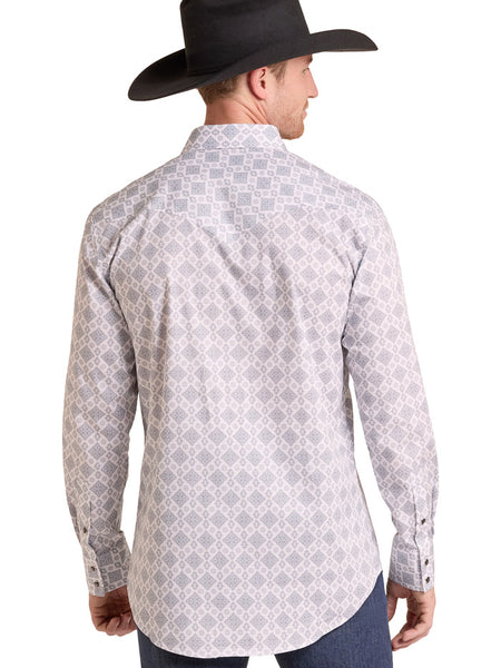 Rock & Roll Denim BMN2S09421 Mens Medallion Print Long Sleeve Snap Shirt White back view. If you need any assistance with this item or the purchase of this item please call us at five six one seven four eight eight eight zero one Monday through Saturday 10:00a.m EST to 8:00 p.m EST