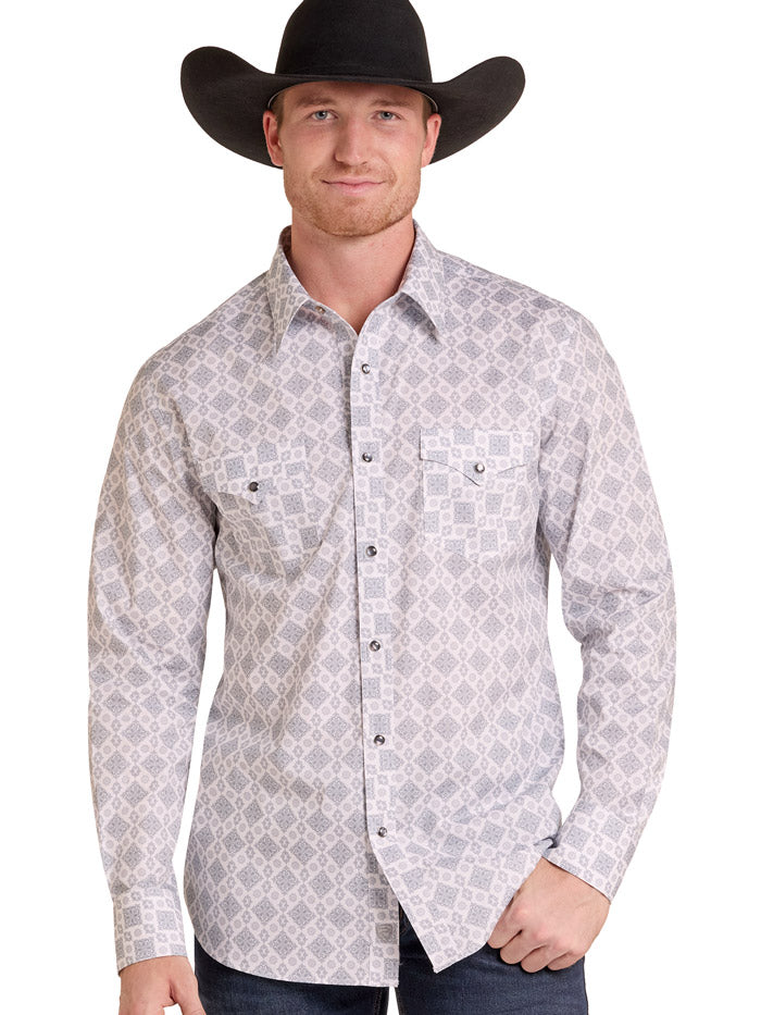 Rock & Roll Denim BMN2S09421 Mens Medallion Print Long Sleeve Snap Shirt White front view. If you need any assistance with this item or the purchase of this item please call us at five six one seven four eight eight eight zero one Monday through Saturday 10:00a.m EST to 8:00 p.m EST