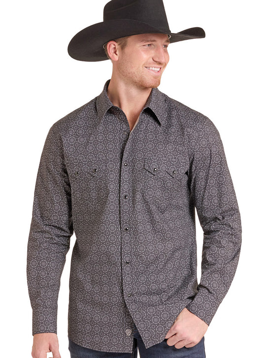 Rock & Roll Denim BMN2S09422 Mens Medallion Print Long Sleeve Snap Shirt Charcoal front view. If you need any assistance with this item or the purchase of this item please call us at five six one seven four eight eight eight zero one Monday through Saturday 10:00a.m EST to 8:00 p.m EST