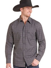 Rock & Roll Denim BMN2S09422 Mens Medallion Print Long Sleeve Snap Shirt Charcoal front view. If you need any assistance with this item or the purchase of this item please call us at five six one seven four eight eight eight zero one Monday through Saturday 10:00a.m EST to 8:00 p.m EST