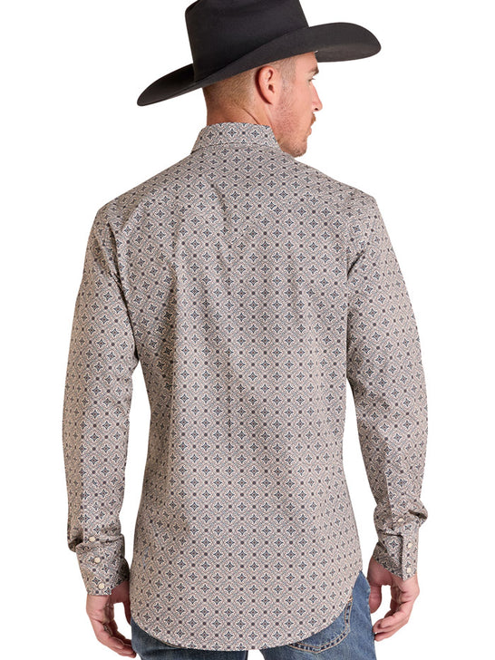 A man wearing a patterned western long-sleeve shirt and a black cowboy hat, shown from the back against a white background. If you need any assistance with this item or the purchase of this item please call us at five six one seven four eight eight eight zero one Monday through Saturday 10:00a.m EST to 8:00 p.m EST