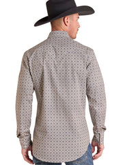 A man wearing a patterned western long-sleeve shirt and a black cowboy hat, shown from the back against a white background. If you need any assistance with this item or the purchase of this item please call us at five six one seven four eight eight eight zero one Monday through Saturday 10:00a.m EST to 8:00 p.m EST