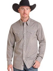 A man wearing a black cowboy hat and a long-sleeve western button-up shirt with a small geometric pattern in beige, gray, and black, paired with blue jeans against a white background. If you need any assistance with this item or the purchase of this item please call us at five six one seven four eight eight eight zero one Monday through Saturday 10:00a.m EST to 8:00 p.m EST
