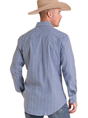 Rock & Roll Denim BMN2S09434 Mens Dobby Yarn Dye Long Sleeve Snap Shirt Blue back view. If you need any assistance with this item or the purchase of this item please call us at five six one seven four eight eight eight zero one Monday through Saturday 10:00a.m EST to 8:00 p.m EST