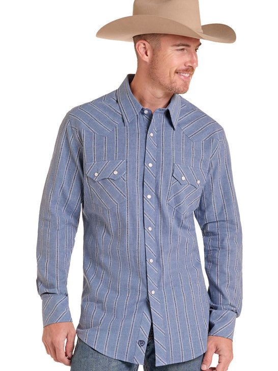 Rock & Roll Denim BMN2S09434 Mens Dobby Yarn Dye Long Sleeve Snap Shirt Blue front view. If you need any assistance with this item or the purchase of this item please call us at five six one seven four eight eight eight zero one Monday through Saturday 10:00a.m EST to 8:00 p.m EST