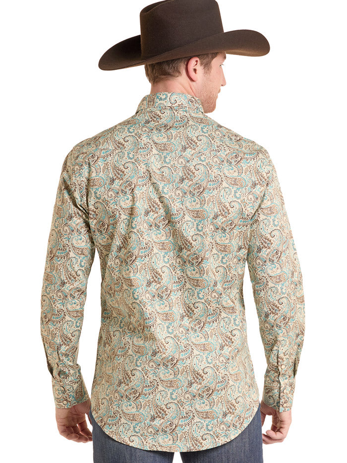 Rock & Roll Denim BMN2S10112 Mens Paisley Print Long Sleeve Snap Shirt Teal front view. If you need any assistance with this item or the purchase of this item please call us at five six one seven four eight eight eight zero one Monday through Saturday 10:00a.m EST to 8:00 p.m EST
