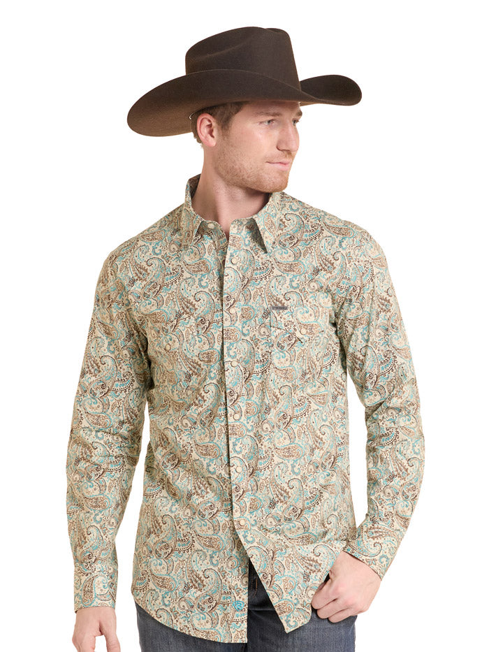 Rock & Roll Denim BMN2S10112 Mens Paisley Print Long Sleeve Snap Shirt Teal front view. If you need any assistance with this item or the purchase of this item please call us at five six one seven four eight eight eight zero one Monday through Saturday 10:00a.m EST to 8:00 p.m EST
