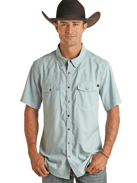 Rock & Roll Denim BMN3S02400-AQ Mens Ripstop Short Sleeve Snap Shirt Aqua Light Blue front view. If you need any assistance with this item or the purchase of this item please call us at five six one seven four eight eight eight zero one Monday through Saturday 10:00a.m EST to 8:00 p.m EST