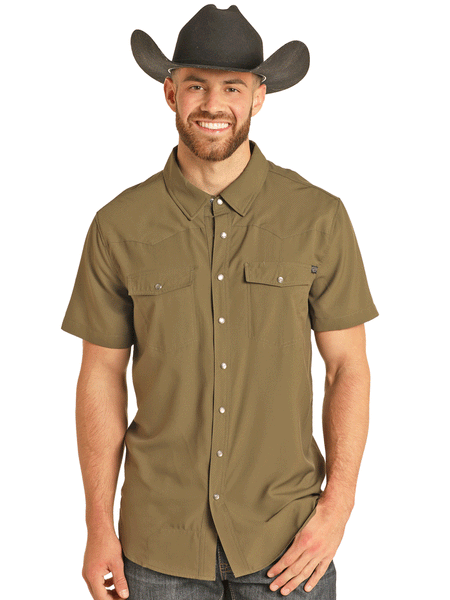 Rock & Roll Denim BMN3S02400-OLV Mens Ripstop Short Sleeve Snap Shirt Olive front. If you need any assistance with this item or the purchase of this item please call us at five six one seven four eight eight eight zero one Monday through Saturday 10:00a.m EST to 8:00 p.m EST