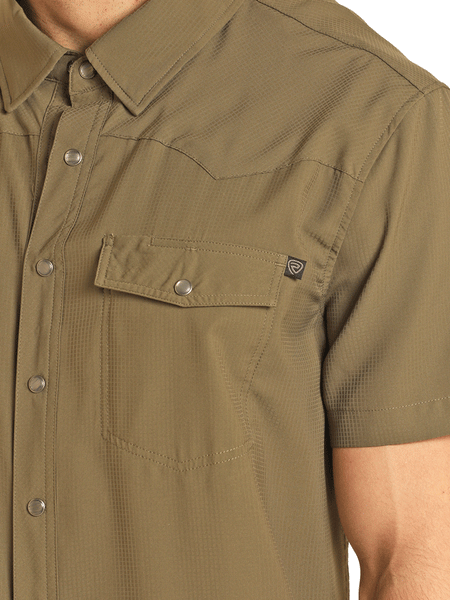 Rock & Roll Denim BMN3S02400-OLV Mens Ripstop Short Sleeve Snap Shirt Olive close up view of pocket. If you need any assistance with this item or the purchase of this item please call us at five six one seven four eight eight eight zero one Monday through Saturday 10:00a.m EST to 8:00 p.m EST