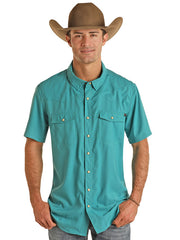 Rock & Roll Denim BMN3S02400 Mens Ripstop Short Sleeve Snap Shirt Aqua front view. If you need any assistance with this item or the purchase of this item please call us at five six one seven four eight eight eight zero one Monday through Saturday 10:00a.m EST to 8:00 p.m EST