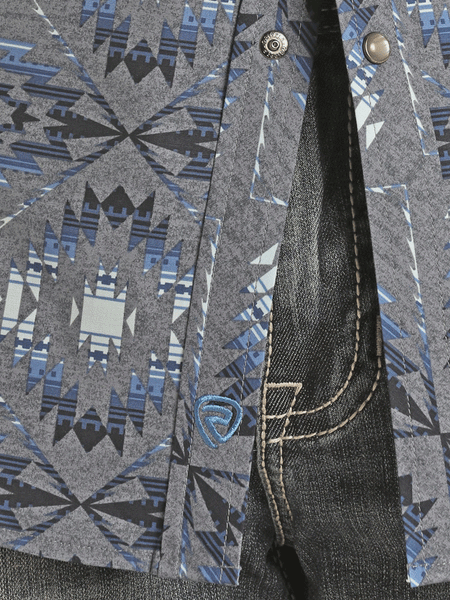 Rock & Roll Denim BMN3S03344 Mens Aztec Print Short Sleeve Western Shirt Blue close up view of fabric. If you need any assistance with this item or the purchase of this item please call us at five six one seven four eight eight eight zero one Monday through Saturday 10:00a.m EST to 8:00 p.m EST