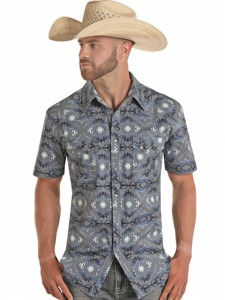 Rock & Roll Denim BMN3S03344 Mens Aztec Print Short Sleeve Western Shirt Blue front view. If you need any assistance with this item or the purchase of this item please call us at five six one seven four eight eight eight zero one Monday through Saturday 10:00a.m EST to 8:00 p.m EST
