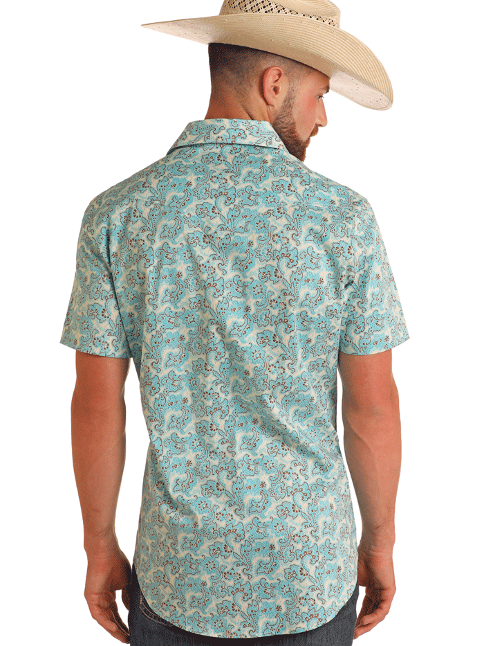 Rock & Roll Denim BMN3S05850 Mens Paisley Print Short Sleeve Snap Shirt Bright Turquoise front view. If you need any assistance with this item or the purchase of this item please call us at five six one seven four eight eight eight zero one Monday through Saturday 10:00a.m EST to 8:00 p.m EST