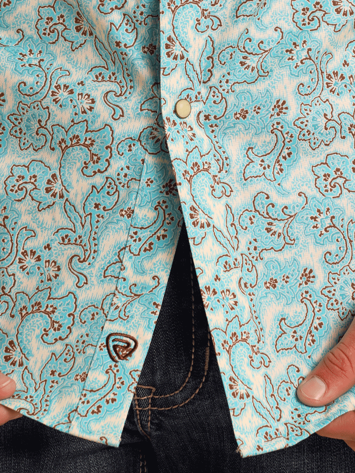 Rock & Roll Denim BMN3S05850 Mens Paisley Print Short Sleeve Snap Shirt Bright Turquoise front view. If you need any assistance with this item or the purchase of this item please call us at five six one seven four eight eight eight zero one Monday through Saturday 10:00a.m EST to 8:00 p.m EST