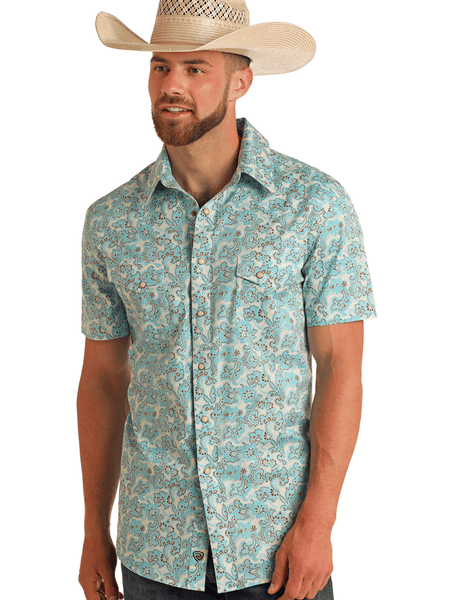 Rock & Roll Denim BMN3S05850 Mens Paisley Print Short Sleeve Snap Shirt Bright Turquoise front view. If you need any assistance with this item or the purchase of this item please call us at five six one seven four eight eight eight zero one Monday through Saturday 10:00a.m EST to 8:00 p.m EST