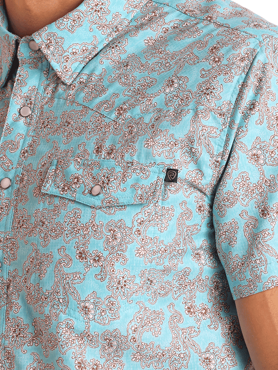 Rock & Roll Denim BMN3S05961 Mens Tek Paisley Print Short Sleeve Snap Shirt Turquoise front close up view. If you need any assistance with this item or the purchase of this item please call us at five six one seven four eight eight eight zero one Monday through Saturday 10:00a.m EST to 8:00 p.m EST

