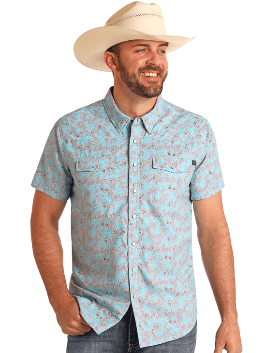 Rock & Roll Denim BMN3S05961 Mens Tek Paisley Print Short Sleeve Snap Shirt Turquoise front view. If you need any assistance with this item or the purchase of this item please call us at five six one seven four eight eight eight zero one Monday through Saturday 10:00a.m EST to 8:00 p.m EST

