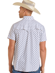 Rock & Roll Denim BMN3S06424 Mens Tek Western Short Sleeve Geo Print Shirt Natural back view. If you need any assistance with this item or the purchase of this item please call us at five six one seven four eight eight eight zero one Monday through Saturday 10:00a.m EST to 8:00 p.m EST