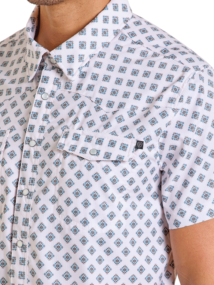 Rock & Roll Denim BMN3S06424 Mens Tek Western Short Sleeve Geo Print Shirt Natural front view. If you need any assistance with this item or the purchase of this item please call us at five six one seven four eight eight eight zero one Monday through Saturday 10:00a.m EST to 8:00 p.m EST