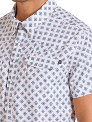 Rock & Roll Denim BMN3S06424 Mens Tek Western Short Sleeve Geo Print Shirt Natural front close up. If you need any assistance with this item or the purchase of this item please call us at five six one seven four eight eight eight zero one Monday through Saturday 10:00a.m EST to 8:00 p.m EST