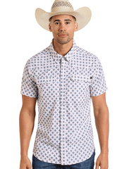 Rock & Roll Denim BMN3S06424 Mens Tek Western Short Sleeve Geo Print Shirt Natural front view. If you need any assistance with this item or the purchase of this item please call us at five six one seven four eight eight eight zero one Monday through Saturday 10:00a.m EST to 8:00 p.m EST