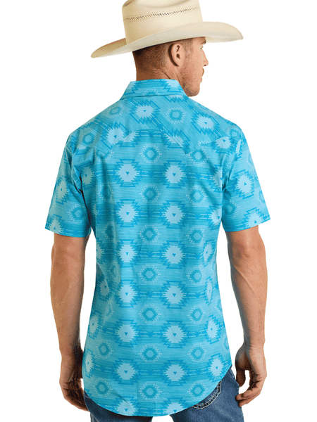 Rock & Roll Denim BMN3S06482 Mens Aztec Print Short Sleeve Snap Shirt Turquoise back view. If you need any assistance with this item or the purchase of this item please call us at five six one seven four eight eight eight zero one Monday through Saturday 10:00a.m EST to 8:00 p.m EST