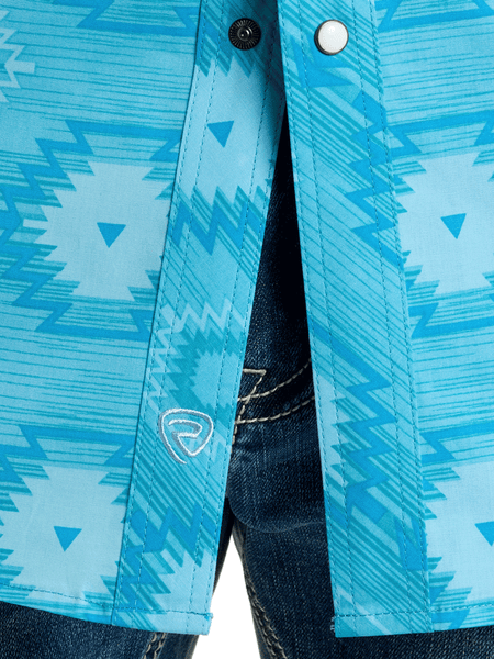 Rock & Roll Denim BMN3S06482 Mens Aztec Print Short Sleeve Snap Shirt Turquoise front close up. If you need any assistance with this item or the purchase of this item please call us at five six one seven four eight eight eight zero one Monday through Saturday 10:00a.m EST to 8:00 p.m EST