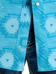 Rock & Roll Denim BMN3S06482 Mens Aztec Print Short Sleeve Snap Shirt Turquoise front close up. If you need any assistance with this item or the purchase of this item please call us at five six one seven four eight eight eight zero one Monday through Saturday 10:00a.m EST to 8:00 p.m EST