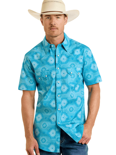 Rock & Roll Denim BMN3S06482 Mens Aztec Print Short Sleeve Snap Shirt Turquoise front view. If you need any assistance with this item or the purchase of this item please call us at five six one seven four eight eight eight zero one Monday through Saturday 10:00a.m EST to 8:00 p.m EST