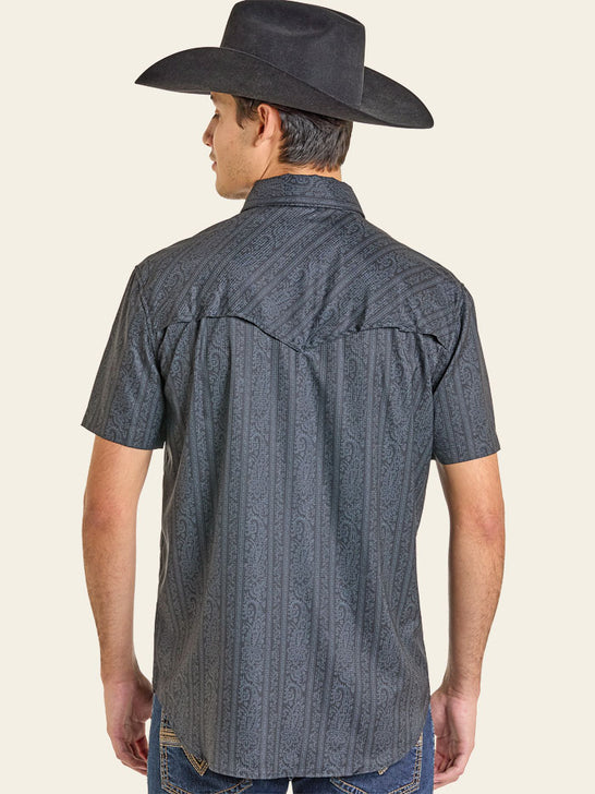 Rock & Roll Denim BMN3S07174 Mens Paisley Print Short Sleeve Tek Shirt Black back view. If you need any assistance with this item or the purchase of this item please call us at five six one seven four eight eight eight zero one Monday through Saturday 10:00a.m EST to 8:00 p.m EST