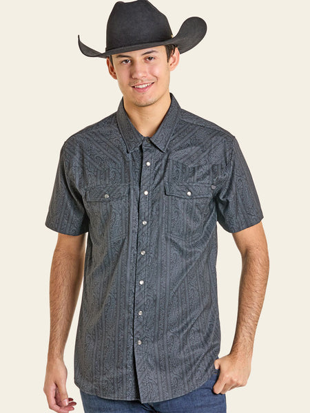 Rock & Roll Denim BMN3S07174 Mens Paisley Print Short Sleeve Tek Shirt Black front view. If you need any assistance with this item or the purchase of this item please call us at five six one seven four eight eight eight zero one Monday through Saturday 10:00a.m EST to 8:00 p.m EST