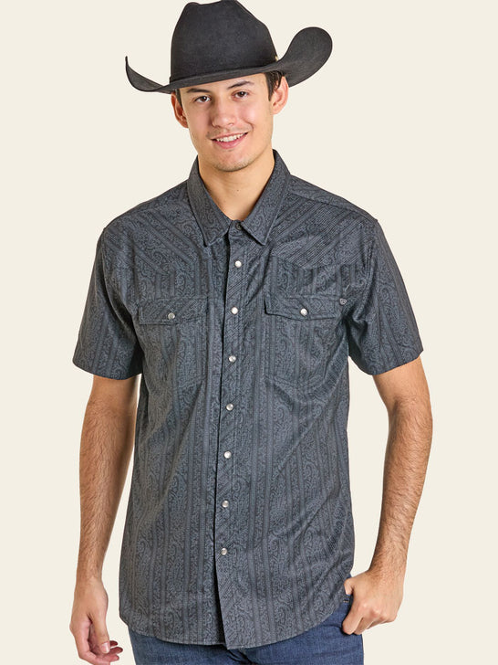 Rock & Roll Denim BMN3S07174 Mens Paisley Print Short Sleeve Tek Shirt Black front view. If you need any assistance with this item or the purchase of this item please call us at five six one seven four eight eight eight zero one Monday through Saturday 10:00a.m EST to 8:00 p.m EST