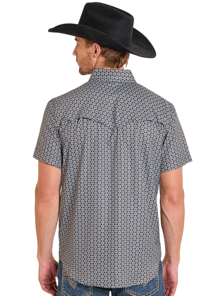 Rock & Roll Denim BMN3S07668 Mens Tek Western Short Sleeve Geo Print Shirt Black back view. If you need any assistance with this item or the purchase of this item please call us at five six one seven four eight eight eight zero one Monday through Saturday 10:00a.m EST to 8:00 p.m EST
