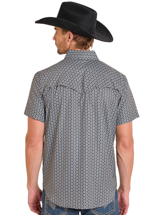 Rock & Roll Denim BMN3S07668 Mens Tek Western Short Sleeve Geo Print Shirt Black back view. If you need any assistance with this item or the purchase of this item please call us at five six one seven four eight eight eight zero one Monday through Saturday 10:00a.m EST to 8:00 p.m EST
