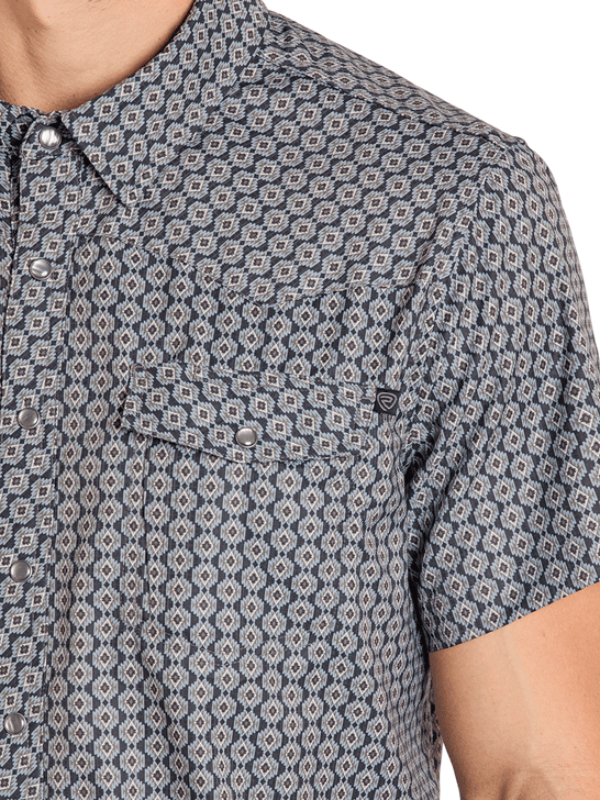 Rock & Roll Denim BMN3S07668 Mens Tek Western Short Sleeve Geo Print Shirt Black close up view. If you need any assistance with this item or the purchase of this item please call us at five six one seven four eight eight eight zero one Monday through Saturday 10:00a.m EST to 8:00 p.m EST