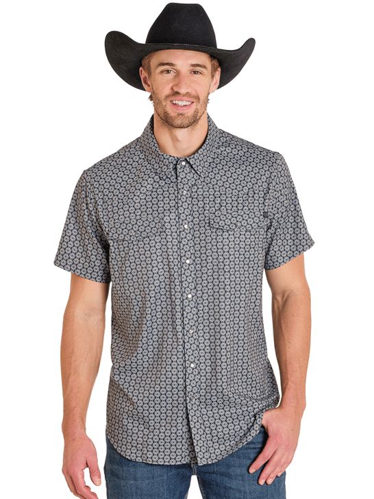 Rock & Roll Denim BMN3S07668 Mens Tek Western Short Sleeve Geo Print Shirt Black front view. If you need any assistance with this item or the purchase of this item please call us at five six one seven four eight eight eight zero one Monday through Saturday 10:00a.m EST to 8:00 p.m EST
