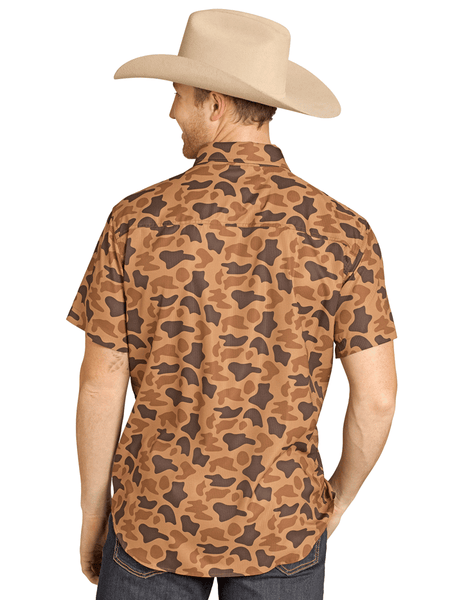 Rock & Roll Denim BMN3S07674 Mens Camo Print Short Sleeve Snap Shirt Copper back view. If you need any assistance with this item or the purchase of this item please call us at five six one seven four eight eight eight zero one Monday through Saturday 10:00a.m EST to 8:00 p.m EST