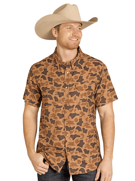 Rock & Roll Denim BMN3S07674 Mens Camo Print Short Sleeve Snap Shirt Copper front view. If you need any assistance with this item or the purchase of this item please call us at five six one seven four eight eight eight zero one Monday through Saturday 10:00a.m EST to 8:00 p.m EST