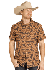 Rock & Roll Denim BMN3S07674 Mens Camo Print Short Sleeve Snap Shirt Copper front view. If you need any assistance with this item or the purchase of this item please call us at five six one seven four eight eight eight zero one Monday through Saturday 10:00a.m EST to 8:00 p.m EST