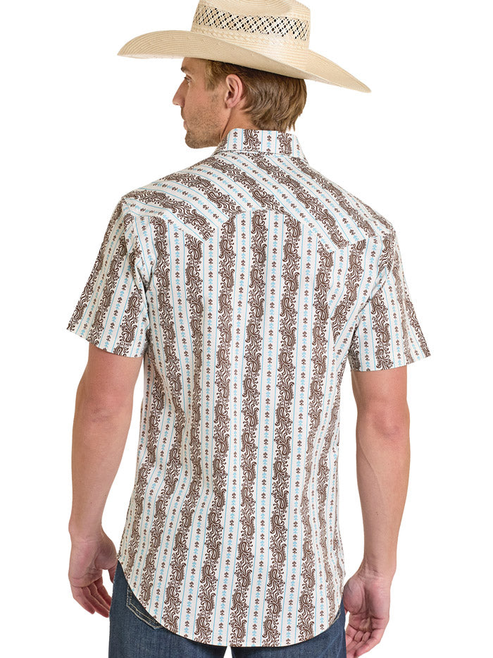 Rock & Roll Denim BMN3S08320 Mens Western Paisley Stripe Short Sleeve Snap Shirt Teal front view. If you need any assistance with this item or the purchase of this item please call us at five six one seven four eight eight eight zero one Monday through Saturday 10:00a.m EST to 8:00 p.m EST