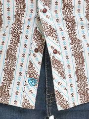 Rock & Roll Denim BMN3S08320 Mens Western Paisley Stripe Short Sleeve Snap Shirt Teal close up. If you need any assistance with this item or the purchase of this item please call us at five six one seven four eight eight eight zero one Monday through Saturday 10:00a.m EST to 8:00 p.m EST