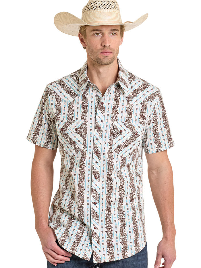 Rock & Roll Denim BMN3S08320 Mens Western Paisley Stripe Short Sleeve Snap Shirt Teal front view. If you need any assistance with this item or the purchase of this item please call us at five six one seven four eight eight eight zero one Monday through Saturday 10:00a.m EST to 8:00 p.m EST