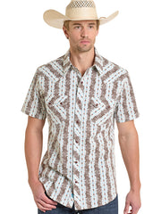 Rock & Roll Denim BMN3S08320 Mens Western Paisley Stripe Short Sleeve Snap Shirt Teal front view. If you need any assistance with this item or the purchase of this item please call us at five six one seven four eight eight eight zero one Monday through Saturday 10:00a.m EST to 8:00 p.m EST