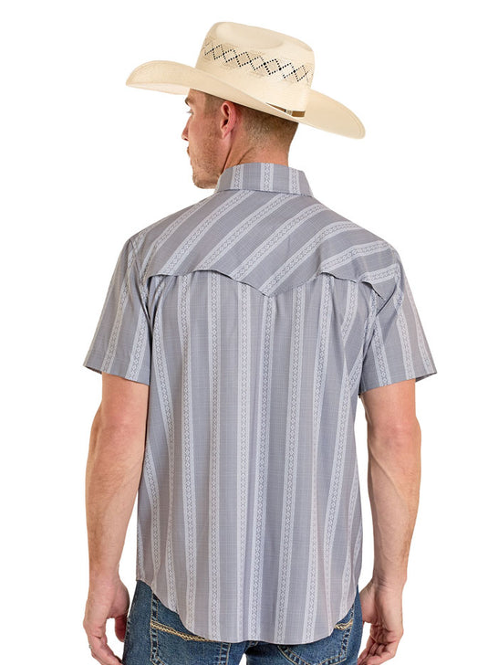 Rock & Roll Denim BMN3S08390 Mens TEK Western Classic Dobby Stripe Short Sleeve Shirt Grey back view. If you need any assistance with this item or the purchase of this item please call us at five six one seven four eight eight eight zero one Monday through Saturday 10:00a.m EST to 8:00 p.m EST