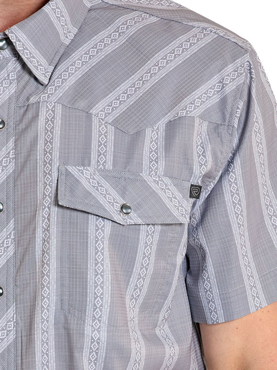 Rock & Roll Denim BMN3S08390 Mens TEK Western Classic Dobby Stripe Short Sleeve Shirt Grey pocket close up. If you need any assistance with this item or the purchase of this item please call us at five six one seven four eight eight eight zero one Monday through Saturday 10:00a.m EST to 8:00 p.m EST