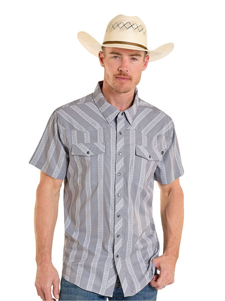 Rock & Roll Denim BMN3S08390 Mens TEK Western Classic Dobby Stripe Short Sleeve Shirt Grey front view. If you need any assistance with this item or the purchase of this item please call us at five six one seven four eight eight eight zero one Monday through Saturday 10:00a.m EST to 8:00 p.m EST
