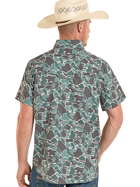 Rock & Roll Denim BMN3S08395 Mens Short Sleeve Tek Western Shirt Camo Print back view. If you need any assistance with this item or the purchase of this item please call us at five six one seven four eight eight eight zero one Monday through Saturday 10:00a.m EST to 8:00 p.m EST